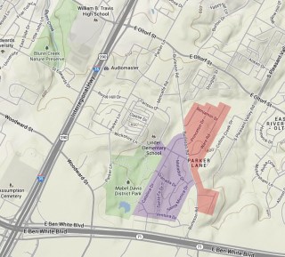 The Burleson Heights Neighborhood Association (in red) includes single-family homes east of Burleson Road and north of Ben White Boulevard. West of Burleson is the Burleson-Parker neighborhood, also known as Santa Monica Park. Map data copyright 2013, Google Inc.