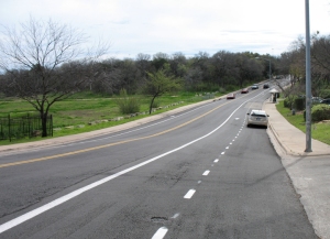 The new lanes at the south end of Parker Lane include one lane for parallel parking, plus two bike lanes and two lanes for cars.