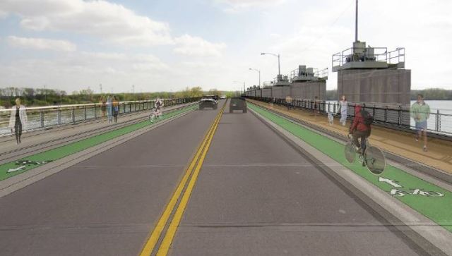 A proposed mobility project would bring new bike lanes and pedestrian paths to Pleasant Valley Road over Longhorn Dam, and reduce motor vehicle lanes from four to two. Click to enlarge. (Source: City of Austin)