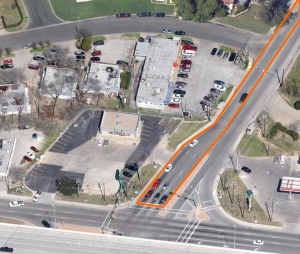 The layout of the southbound lanes of Burleson Road (orange) don't match the traffic pattern at the intersection with Ben White Boulevard (Texas 71). As this aerial photo shows, about twice as many drivers use the  right lane as others, causing traffic back-ups.