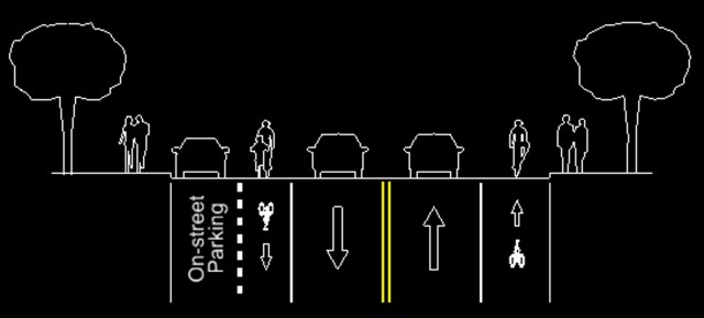 A portion of Burleson Road will have parallel parking along the west side as part of a resurfacing and restriping project that began this week. (City of Austin Bicycle Program)